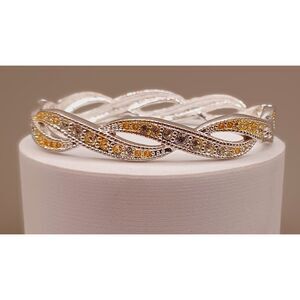 Vintage Premier Designs Hinged Silver Tone Yellow Rhinestones Bangle Bracelet